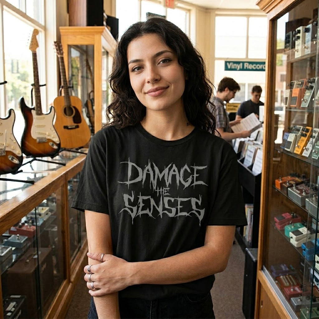Woman wearing a black t-shirt with 'Damage the Senses' in a music store.