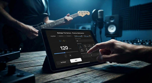 Guitar studio scene with a metronome and guitarist.