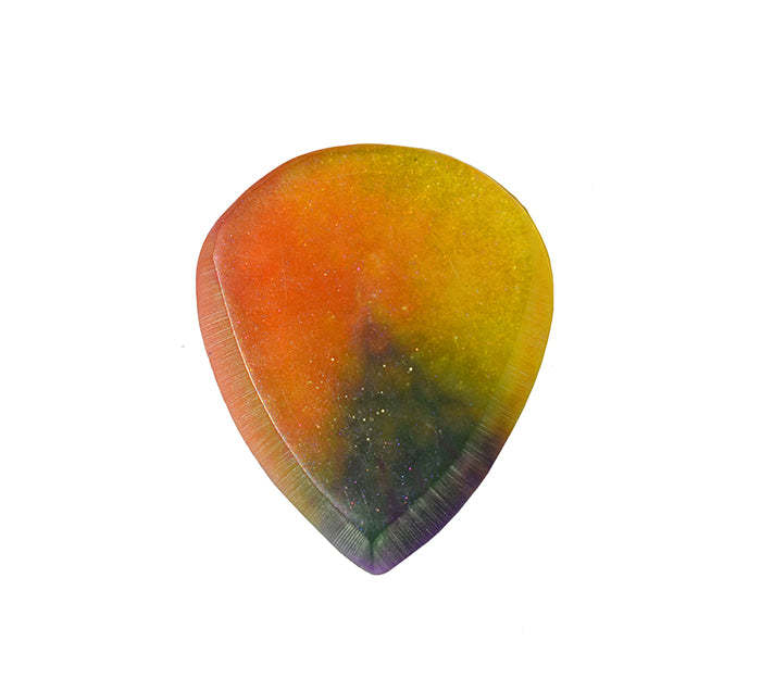 Reverse side of orange and purple swirl resin guitar pick showing back profile
