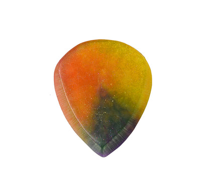 Reverse side of orange and purple swirl resin guitar pick showing back profile