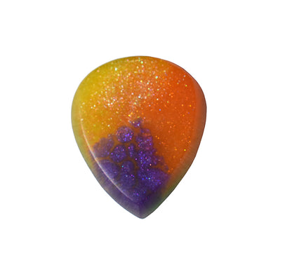 Orange and purple swirl resin guitar pick front view showing glossy finish