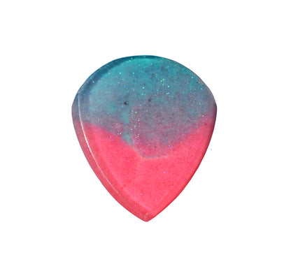 Teal and pink swirl resin guitar pick front view showing glossy finish