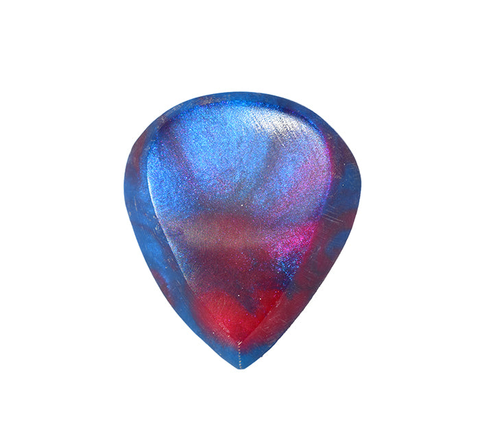 Reverse side of blue and red swirl resin guitar pick showing back profile