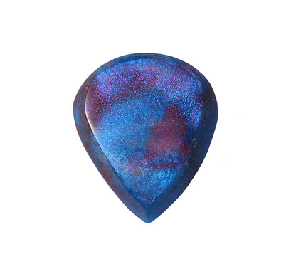 Blue and red swirl resin guitar pick front view showing glossy finish