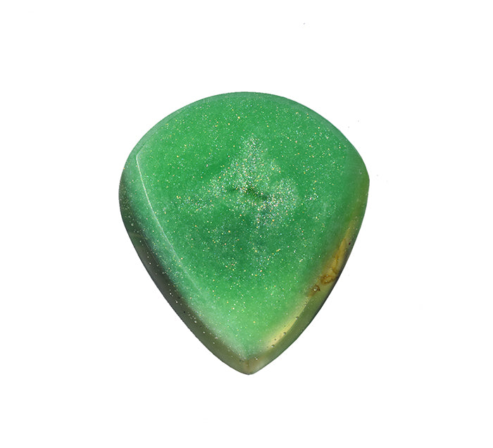 A resin green guitar pick with a smooth, polished surface and subtle gold glitter flecks