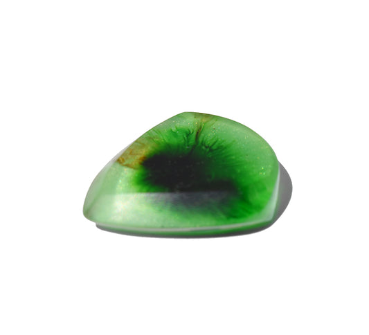 A polished green resin guitar pick with a dark green to black central inlay shown on a plain white background