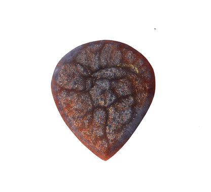 The back view thick resin guitar pick with a textured, metallic bronze and dark brown finish