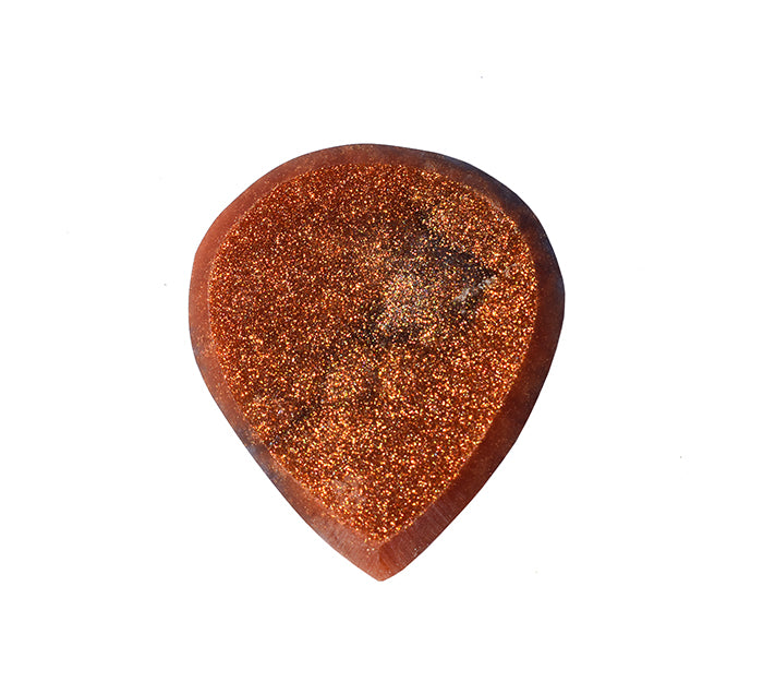 The front view of a resin guitar pick with a textured, glittery copper-orange finish and a dark brown outer edge