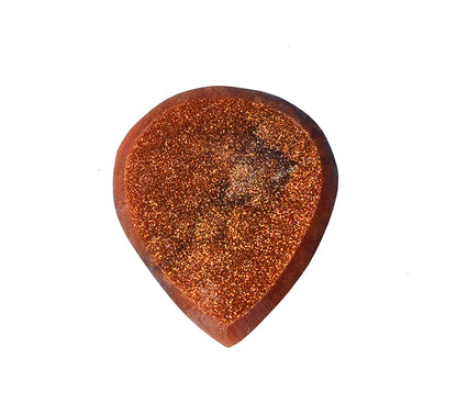 The front view of a resin guitar pick with a textured, glittery copper-orange finish and a dark brown outer edge