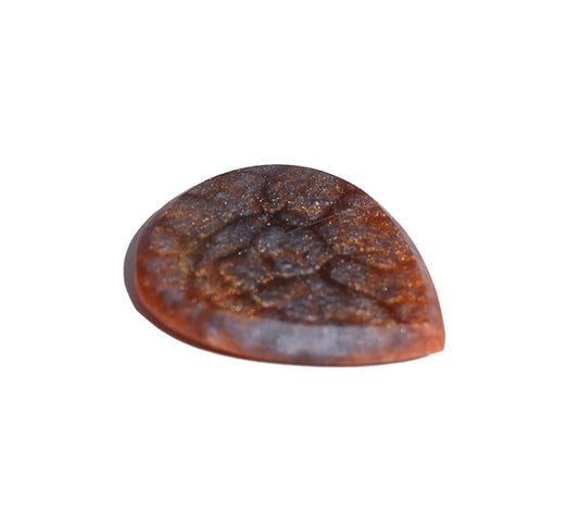 A left side view of a resin guitar pick, earthy brown, orange, and dark gray tones