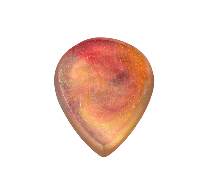 A teardrop-shaped resin guitar pick with a marbled swirl pattern of orange, pink, and yellow. Front view