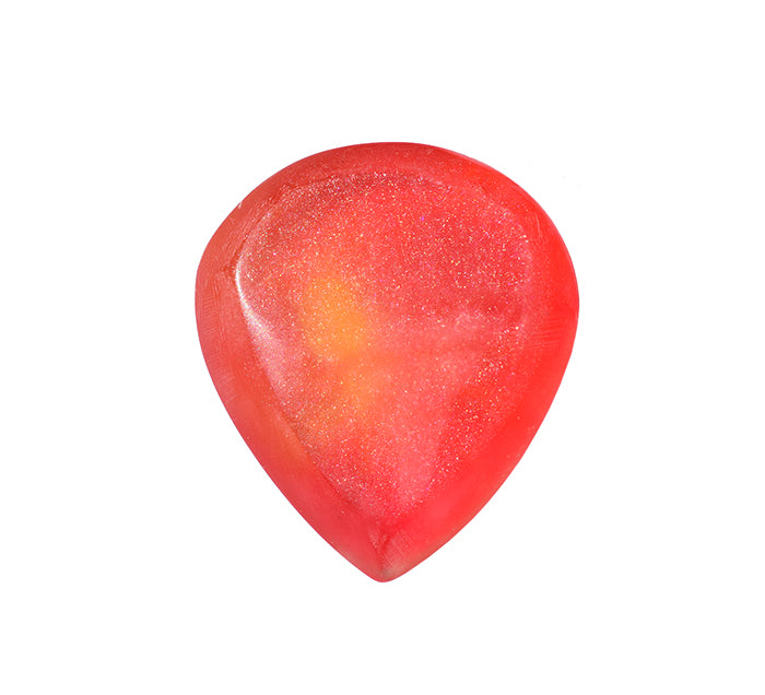 Back side of a  teardrop-shaped resin guitar pick with a glossy, translucent red finish