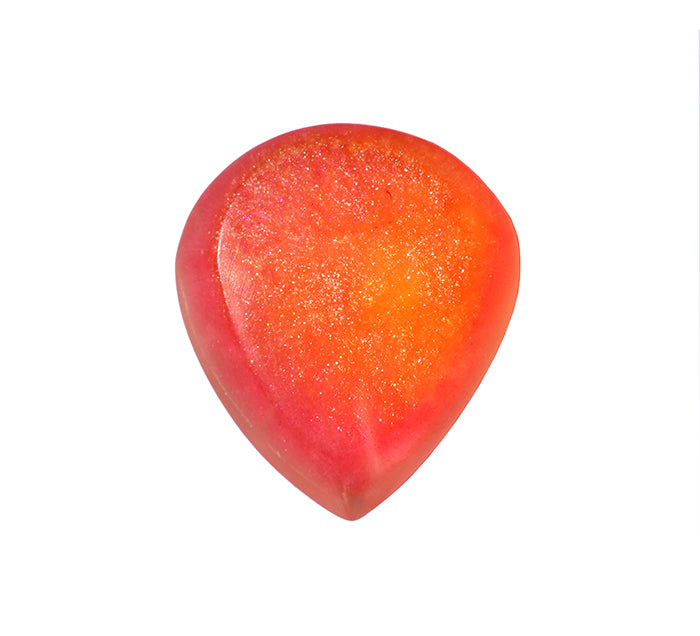 Front view of a resin thick guitar pick. Orange, yellow and red glittery colours.