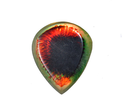 Reverse side of black and red swirl resin guitar pick showing back profile