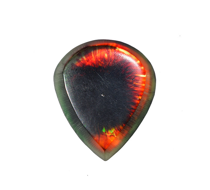 Black resin guitar pick with red and orange fiery swirl front view showing glossy finish