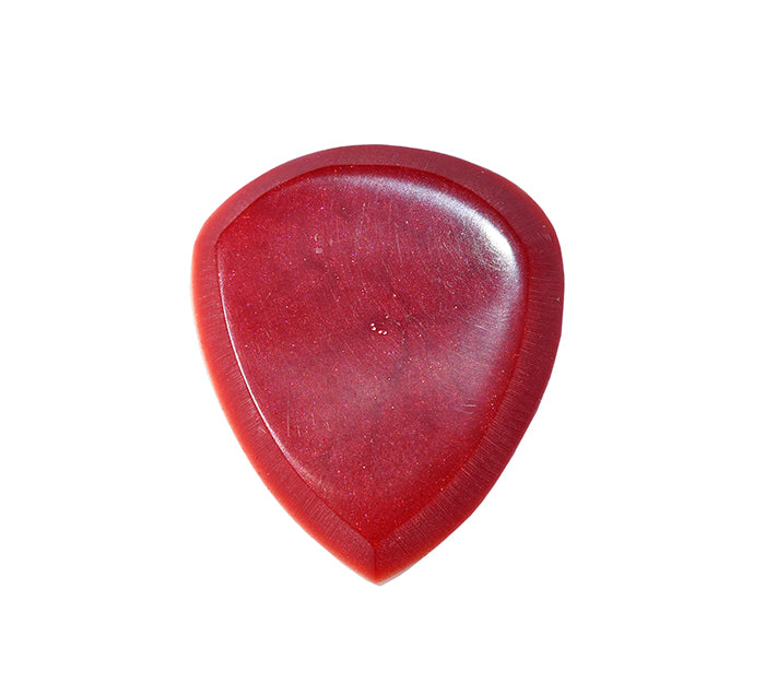 Red resin guitar pick front view showing glossy finish and bevel edge