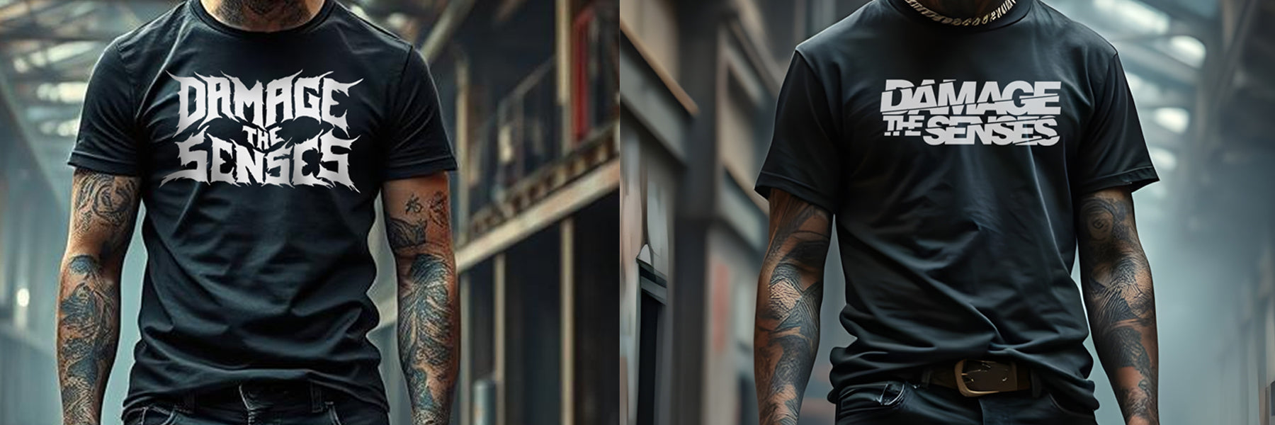Person wearing a black t-shirt with 'Damage the Senses' text in an urban setting