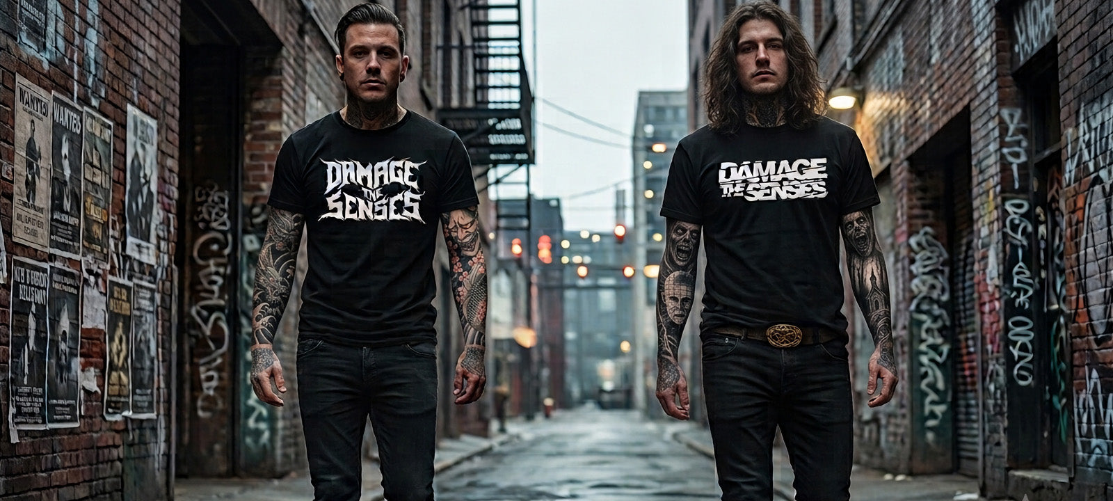 Two guys wearing black Damage The Senses t-shirts walking down an alleyway.
