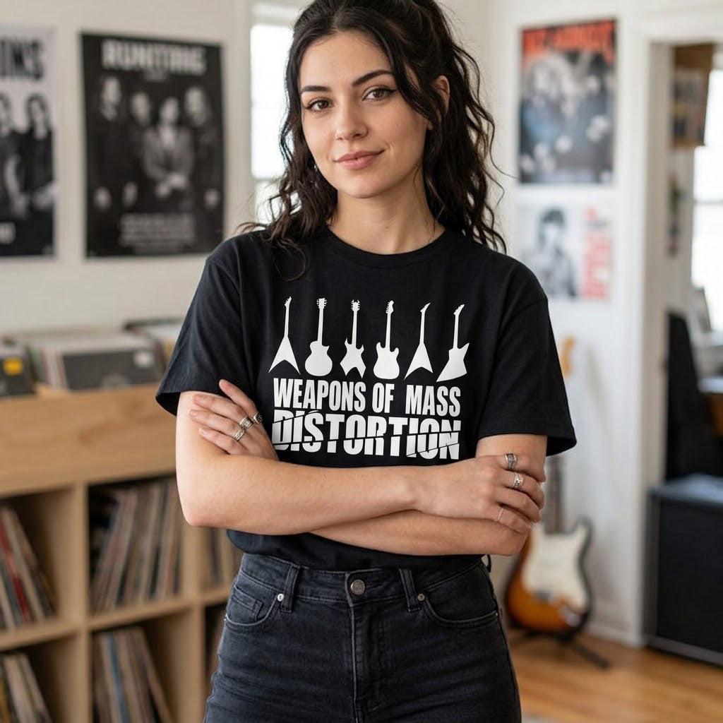 Woman wearing a black t-shirt with 'Weapons of Mass Distortion' design in a room with music-themed decor.